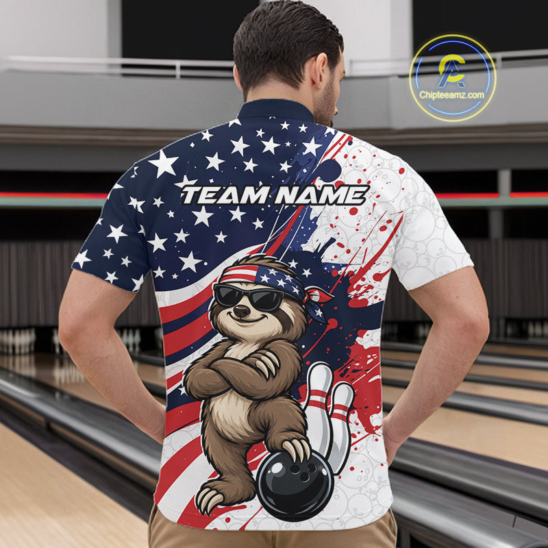 Splatter American Flag Custom Funny Patriotic Sloth Bowling Men Quarter Zip Shirt, Team Uniform IPHW12264