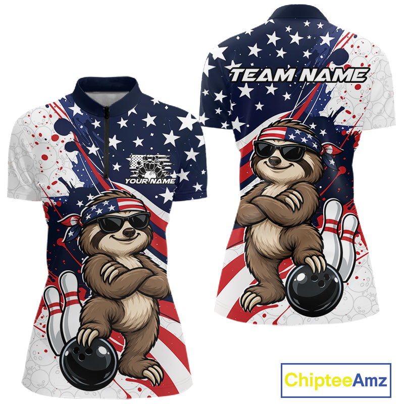 Splatter American Flag Custom Funny Patriotic Sloth Bowling Women Quarter-Zip Shirt  IPHW12264
