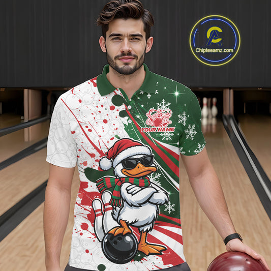 Custom Funny Christmas White Duck Bowling Men Polo Shirt, Xmas Bowler Gift IPHW12265