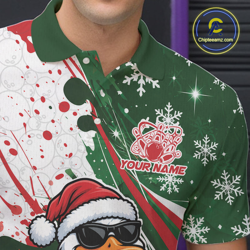 Custom Funny Christmas White Duck Bowling Men Polo Shirt, Xmas Bowler Gift IPHW12265