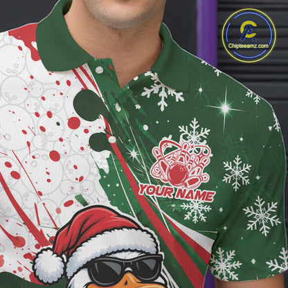 Custom Funny Christmas White Duck Bowling Men Polo Shirt, Xmas Bowler Gift IPHW12265