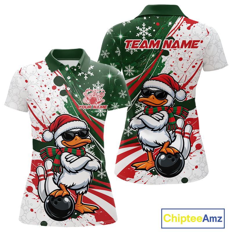 Custom Funny Christmas White Duck Bowling Women Polo Shirt, Xmas Bowler Gift IPHW12265