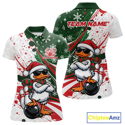 Custom Funny Christmas White Duck Bowling Women Polo Shirt, Xmas Bowler Gift IPHW12265