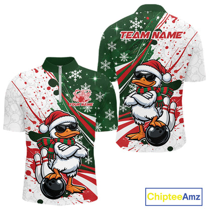 Custom Funny Christmas White Duck Bowling Men Quarter Zip Shirt, Xmas Bowler Gift IPHW12265