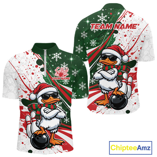 Custom Funny Christmas White Duck Bowling Men Quarter Zip Shirt, Xmas Bowler Gift IPHW12265