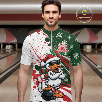 Custom Funny Christmas White Duck Bowling Men Quarter Zip Shirt, Xmas Bowler Gift IPHW12265