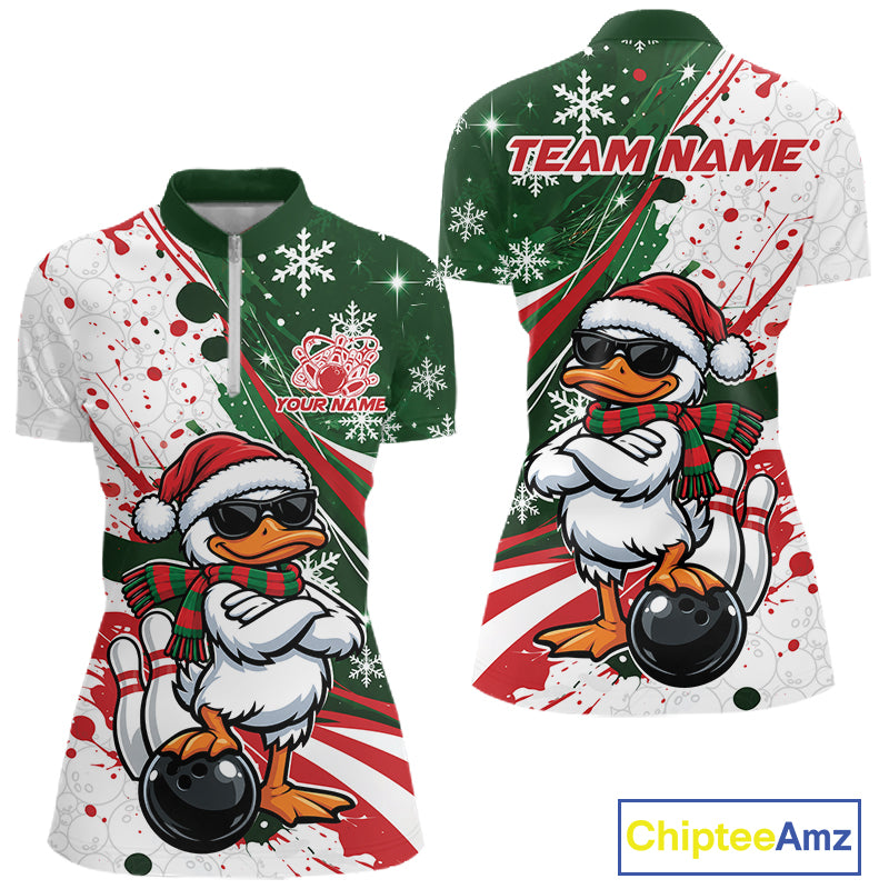 Custom Funny Christmas White Duck Bowling Women Quarter-Zip Shirt, Xmas Bowler Gift IPHW12265