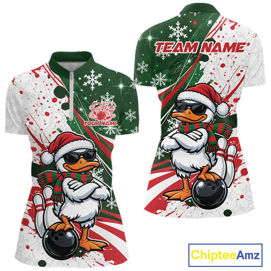 Custom Funny Christmas White Duck Bowling Women Quarter-Zip Shirt, Xmas Bowler Gift IPHW12265