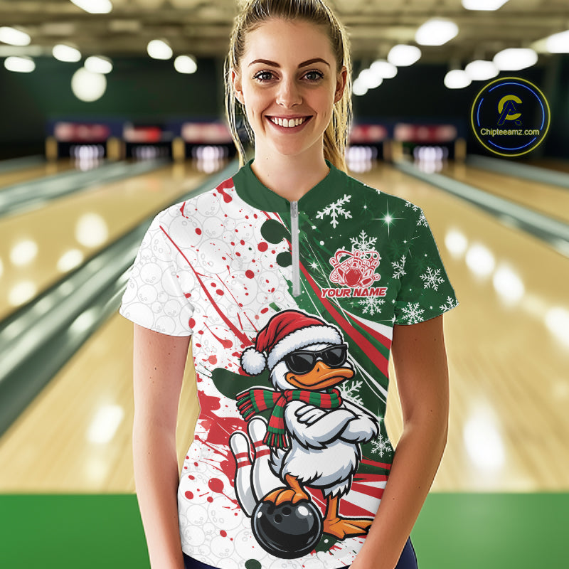 Custom Funny Christmas White Duck Bowling Women Quarter-Zip Shirt, Xmas Bowler Gift IPHW12265