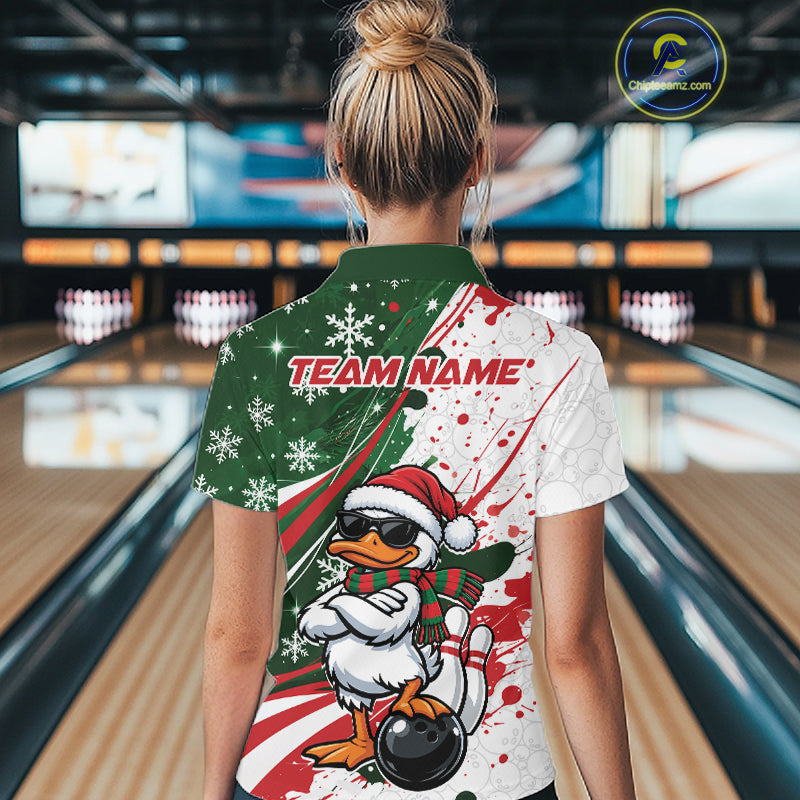 Custom Funny Christmas White Duck Bowling Women Quarter-Zip Shirt, Xmas Bowler Gift IPHW12265