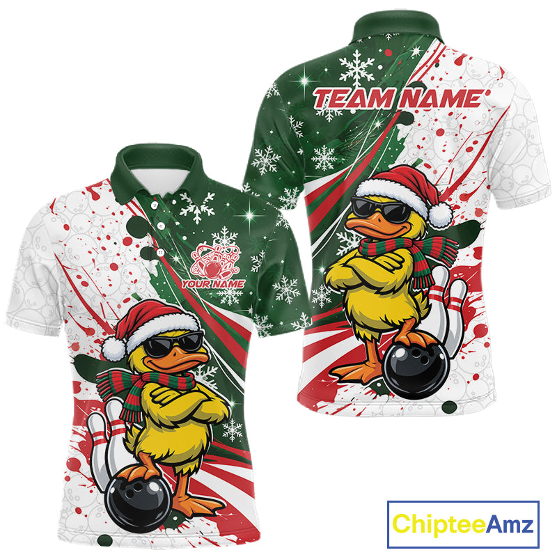 Custom Funny Christmas Yellow Duck Bowling Men Polo Shirt, Xmas Bowler Gift IPHW12266