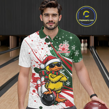 Custom Funny Christmas Yellow Duck Bowling Men Polo Shirt, Xmas Bowler Gift IPHW12266