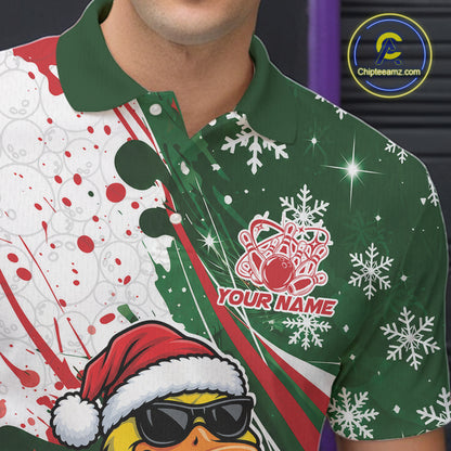 Custom Funny Christmas Yellow Duck Bowling Men Polo Shirt, Xmas Bowler Gift IPHW12266