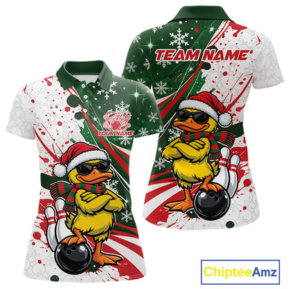 Custom Funny Christmas Yellow Duck Bowling Women Polo Shirt, Xmas Bowler Gift IPHW12266