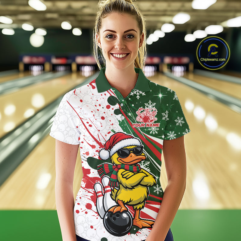 Custom Funny Christmas Yellow Duck Bowling Women Polo Shirt, Xmas Bowler Gift IPHW12266