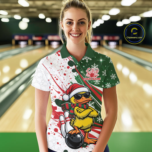 Custom Funny Christmas Yellow Duck Bowling Women Polo Shirt, Xmas Bowler Gift IPHW12266