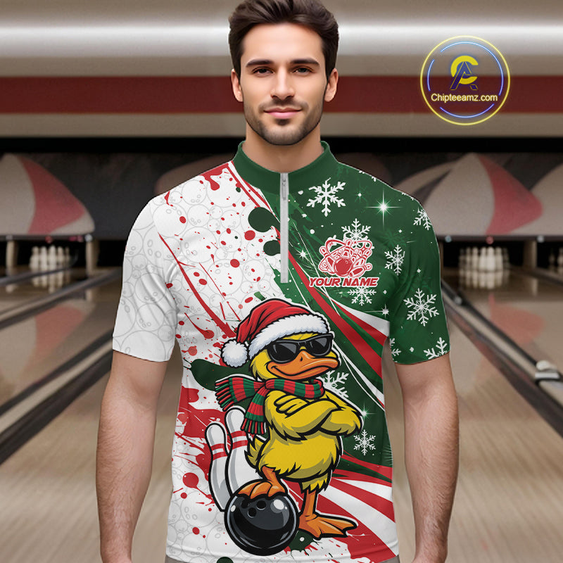 Custom Funny Christmas Yellow Duck Bowling Men Quarter Zip Shirt, Xmas Bowler Gift IPHW12266