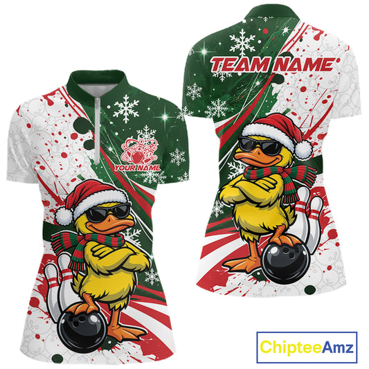 Custom Funny Christmas Yellow Duck Bowling Women Quarter-Zip Shirt, Xmas Bowler Gift IPHW12266