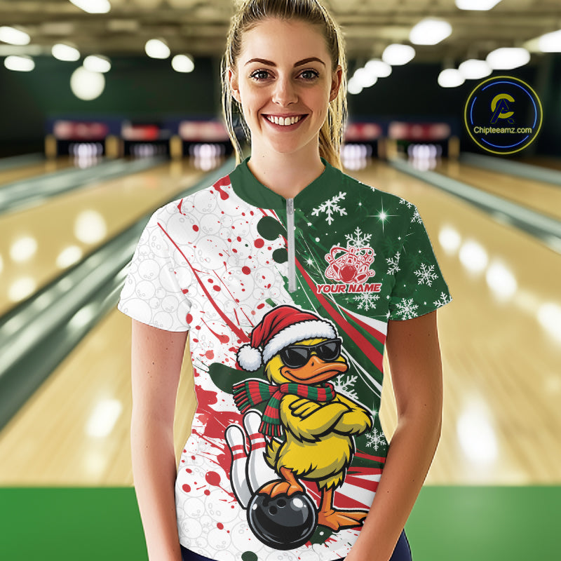 Custom Funny Christmas Yellow Duck Bowling Women Quarter-Zip Shirt, Xmas Bowler Gift IPHW12266