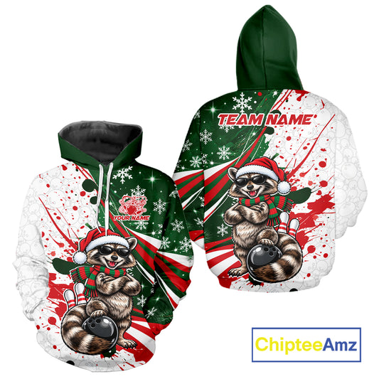 Custom Funny Christmas Raccoon Bowling Men And Women Hoodie Shirt, Xmas Bowler Gift IPHW12267