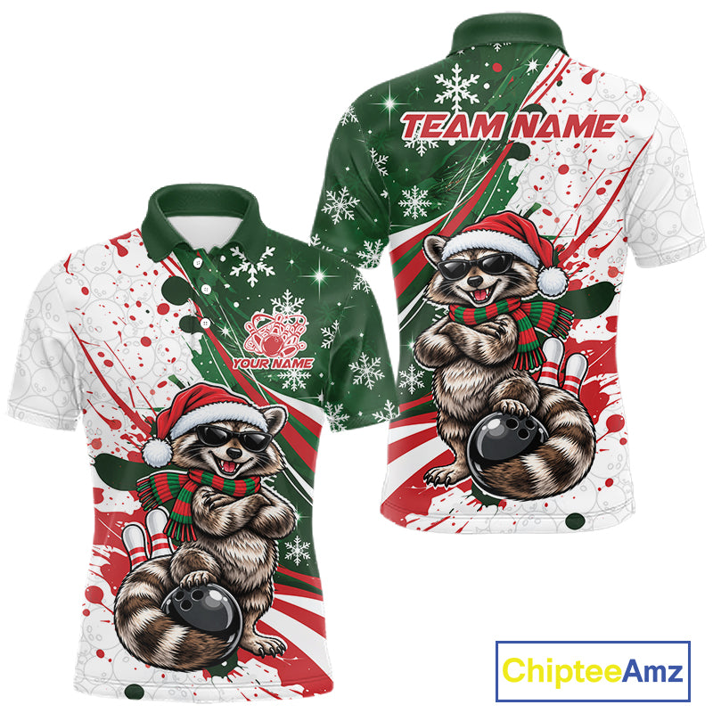 Custom Funny Christmas Raccoon Bowling Men Polo Shirt, Xmas Bowler Gift IPHW12267