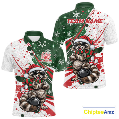 Custom Funny Christmas Raccoon Bowling Men Polo Shirt, Xmas Bowler Gift IPHW12267