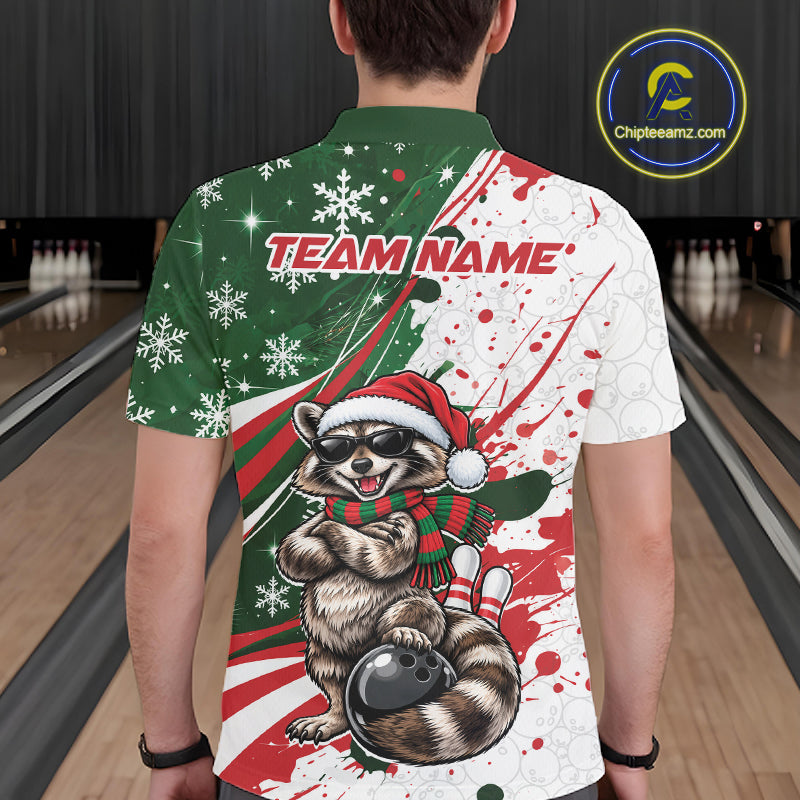 Custom Funny Christmas Raccoon Bowling Men Polo Shirt, Xmas Bowler Gift IPHW12267
