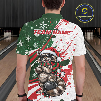 Custom Funny Christmas Raccoon Bowling Men Polo Shirt, Xmas Bowler Gift IPHW12267