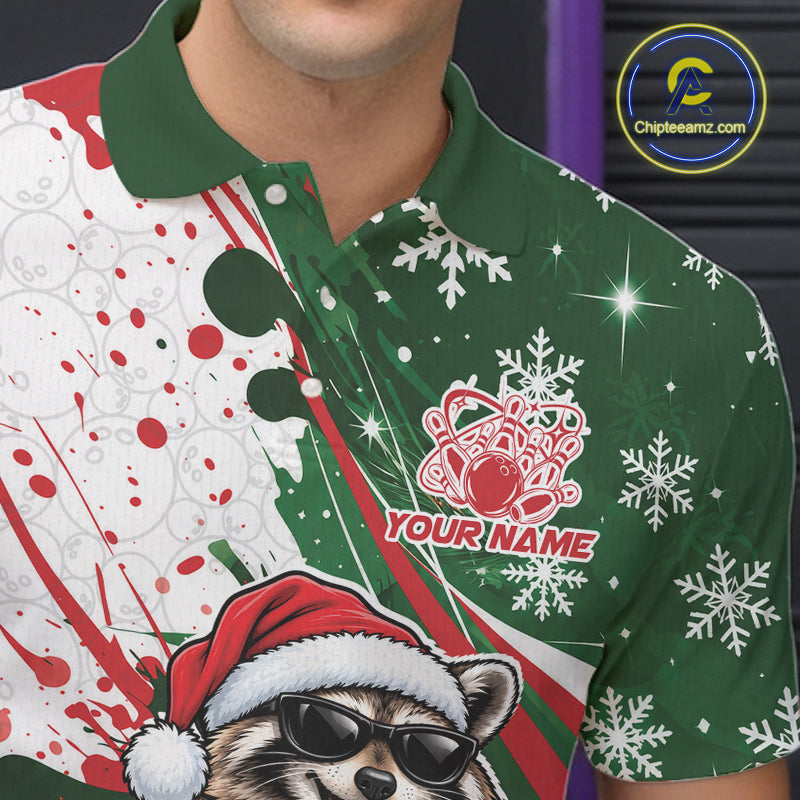 Custom Funny Christmas Raccoon Bowling Men Polo Shirt, Xmas Bowler Gift IPHW12267