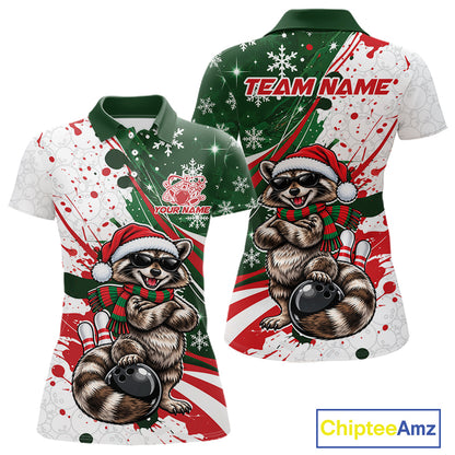 Custom Funny Christmas Raccoon Bowling Women Polo Shirt, Xmas Bowler Gift IPHW12267