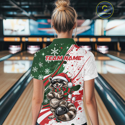 Custom Funny Christmas Raccoon Bowling Women Polo Shirt, Xmas Bowler Gift IPHW12267