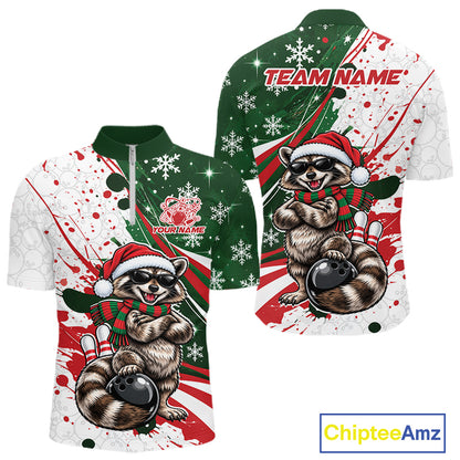 Custom Funny Christmas Raccoon Bowling Men Quarter Zip Shirt, Xmas Bowler Gift IPHW12267