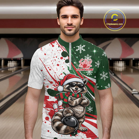 Custom Funny Christmas Raccoon Bowling Men Quarter Zip Shirt, Xmas Bowler Gift IPHW12267