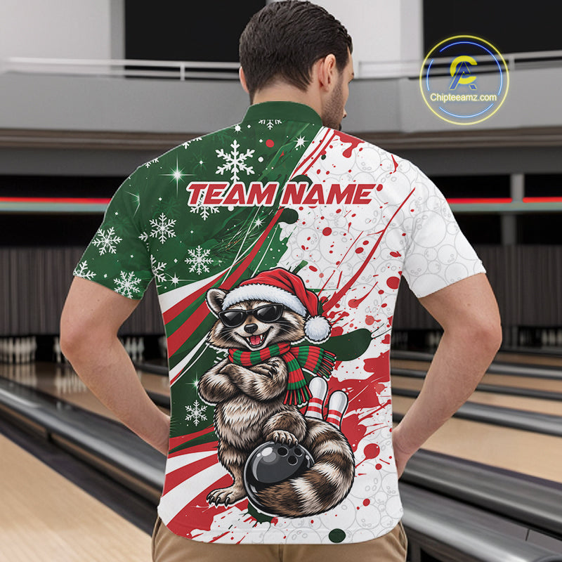 Custom Funny Christmas Raccoon Bowling Men Quarter Zip Shirt, Xmas Bowler Gift IPHW12267