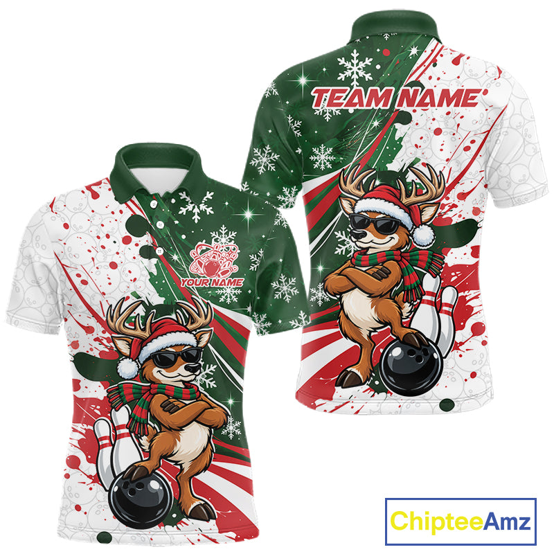 Custom Funny Christmas Deer Bowling Men Polo Shirt, Xmas Bowler Gift IPHW12268