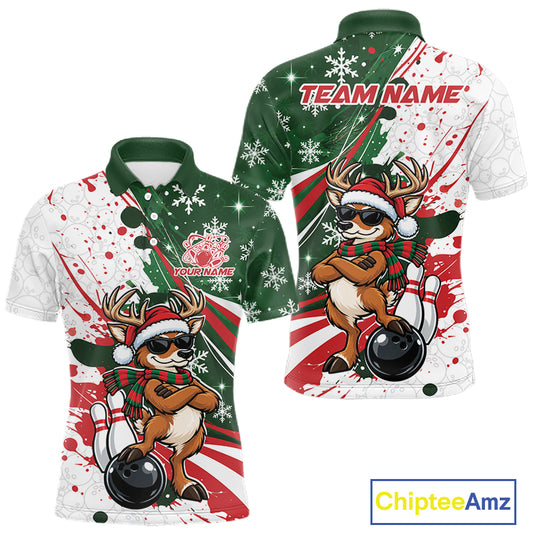 Custom Funny Christmas Deer Bowling Men Polo Shirt, Xmas Bowler Gift IPHW12268