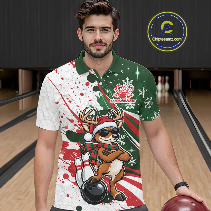 Custom Funny Christmas Deer Bowling Men Polo Shirt, Xmas Bowler Gift IPHW12268