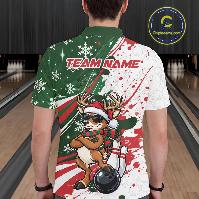 Custom Funny Christmas Deer Bowling Men Polo Shirt, Xmas Bowler Gift IPHW12268