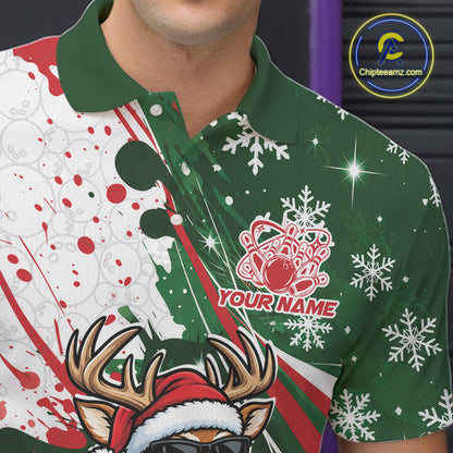 Custom Funny Christmas Deer Bowling Men Polo Shirt, Xmas Bowler Gift IPHW12268