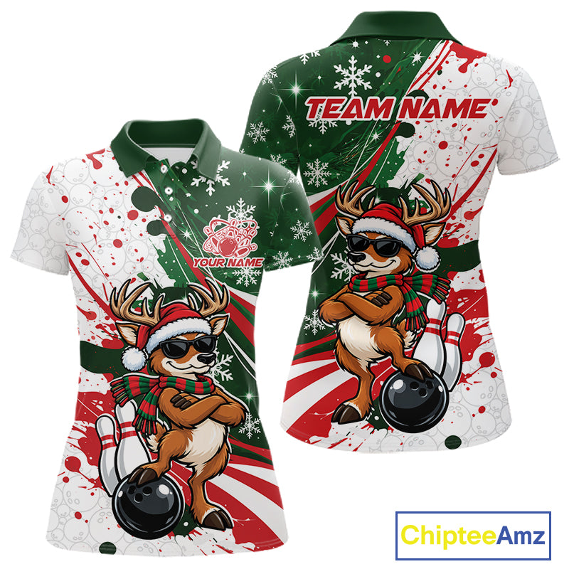 Custom Funny Christmas Deer Bowling Women Polo Shirt, Xmas Bowler Gift IPHW12268