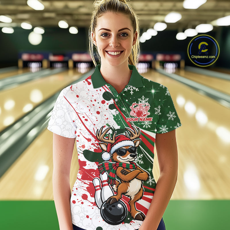Custom Funny Christmas Deer Bowling Women Polo Shirt, Xmas Bowler Gift IPHW12268