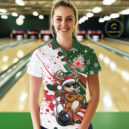Custom Funny Christmas Deer Bowling Women Polo Shirt, Xmas Bowler Gift IPHW12268