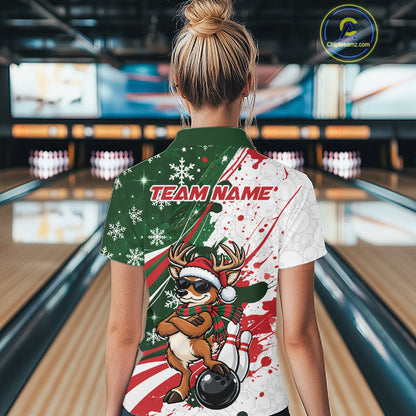 Custom Funny Christmas Deer Bowling Women Polo Shirt, Xmas Bowler Gift IPHW12268