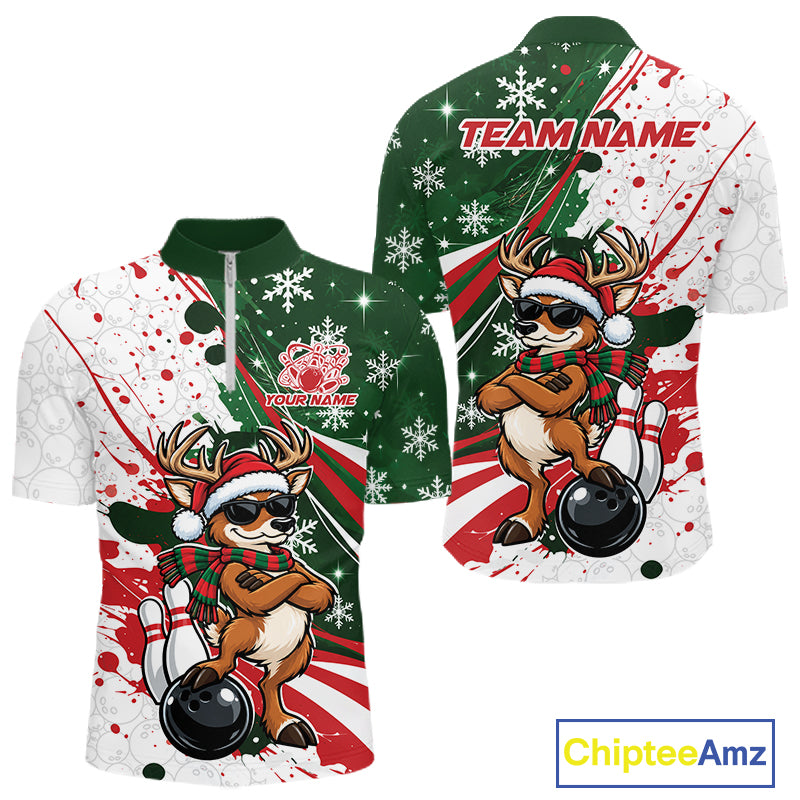 Custom Funny Christmas Deer Bowling Men Quarter Zip Shirt, Xmas Bowler Gift IPHW12268