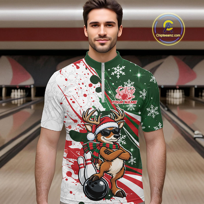 Custom Funny Christmas Deer Bowling Men Quarter Zip Shirt, Xmas Bowler Gift IPHW12268