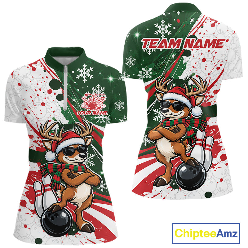 Custom Funny Christmas Deer Bowling Women Quarter-Zip Shirt, Xmas Bowler Gift IPHW12268