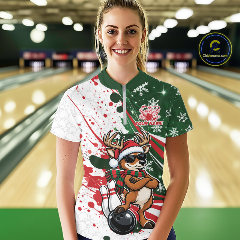 Custom Funny Christmas Deer Bowling Women Quarter-Zip Shirt, Xmas Bowler Gift IPHW12268