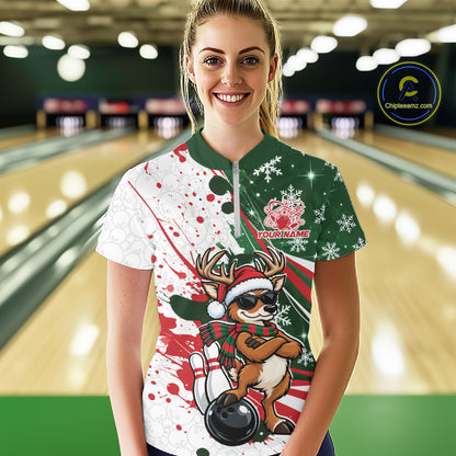 Custom Funny Christmas Deer Bowling Women Quarter-Zip Shirt, Xmas Bowler Gift IPHW12268