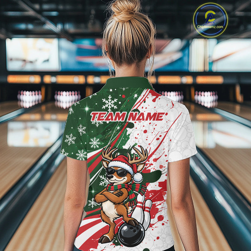 Custom Funny Christmas Deer Bowling Women Quarter-Zip Shirt, Xmas Bowler Gift IPHW12268
