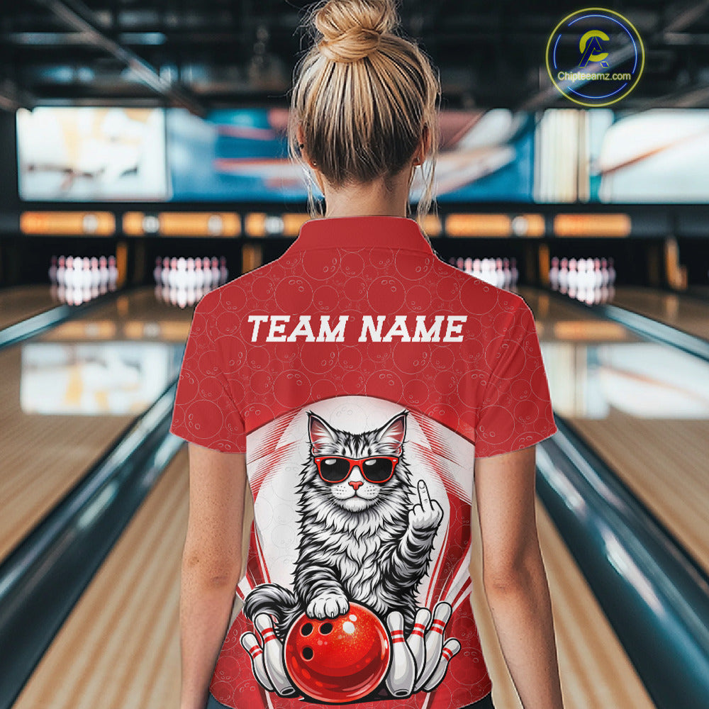 Back view of a female model in a bowling alley wearing a white and red polo shirt showcasing a Maine Coon cat and bowling ball artwork.